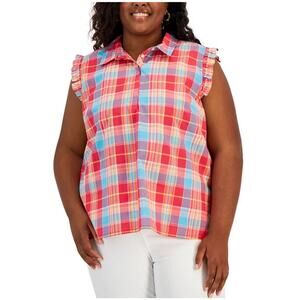 Tommy Hilfiger Women's Plaid Flutter-Sleeve Top Azalea Multi Plus Size 0X